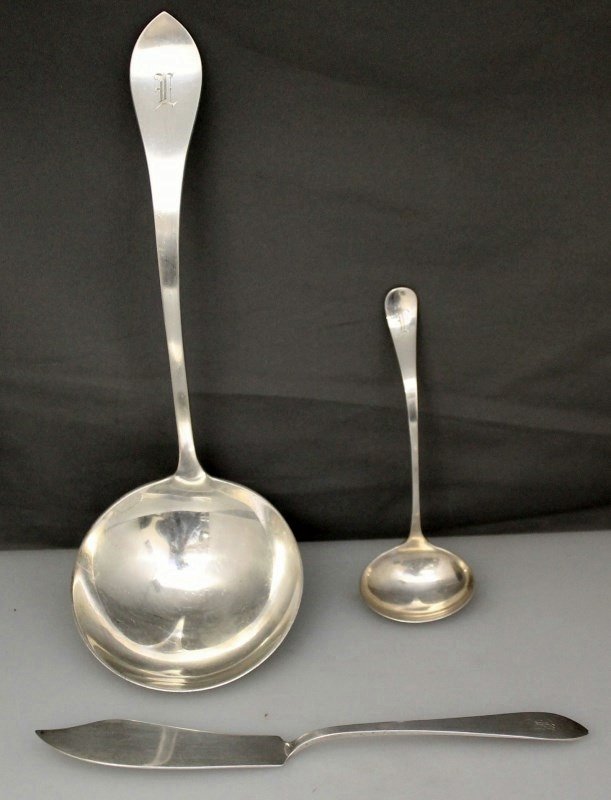 3pc STERLING LARGE LADLES + MASTER BUTTER: Lot of 3. Large Solid Sterling Silver Ladle by Watson, measures 9 1/2", small cream ladle also by Watson, measures 5". The final item is a sterling Dominick & Haff Master Butter Knife in the Pointed A