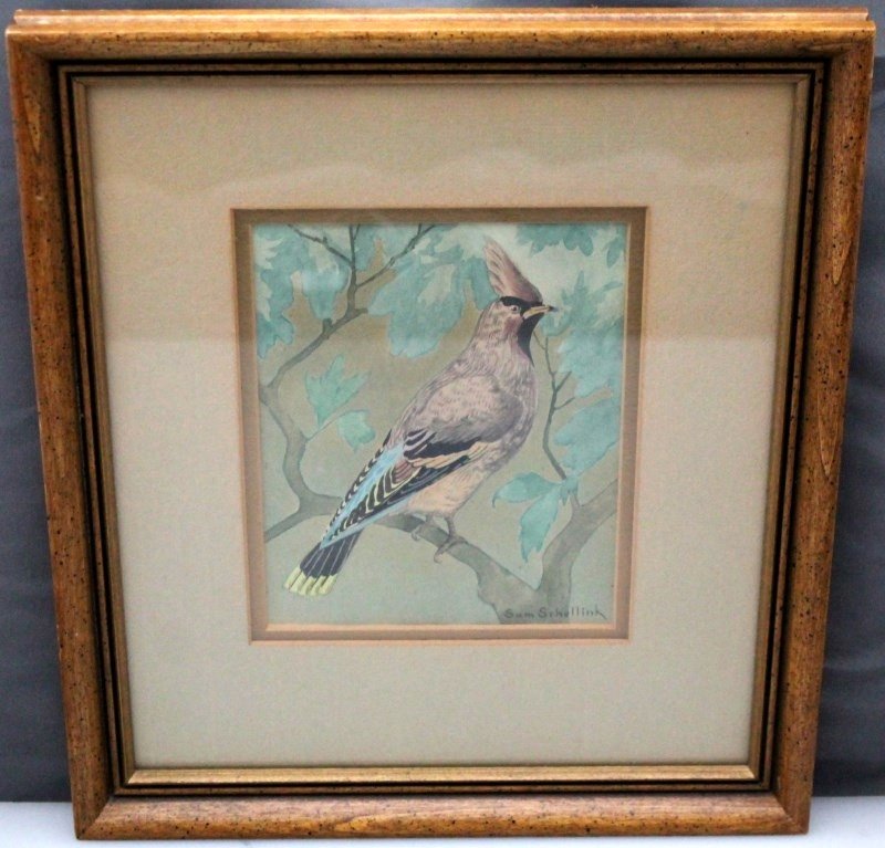 RARE SAMUEL SCHELLINK 1876-1958 BOHEMIAN WAXWING: Original Samuel Schellink (Dutch 1876-1958) Watercolor of a Bohemian Waxwing. Painted c. 1920s. Works on paper by this well listed Dutch Artist are very hard to find. Professionally framed and double 