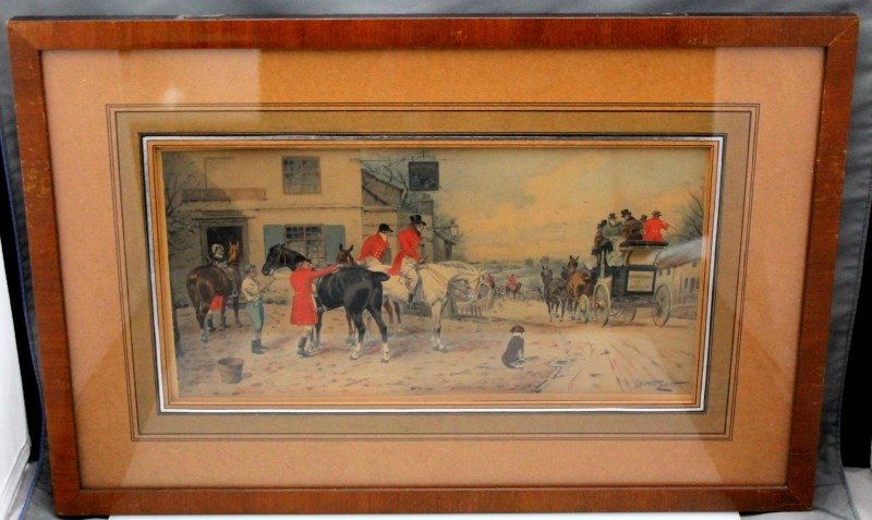 ORIG GEORGE WRIGHT 1860-1942 THE FOX INN: Exceptional Original George Wright (1860-1942) watercolor and gouache painting on paper. The Bristol to London coach passing a group of Huntsman pausing for refreshment, in the Fox Inn's courtyard, an