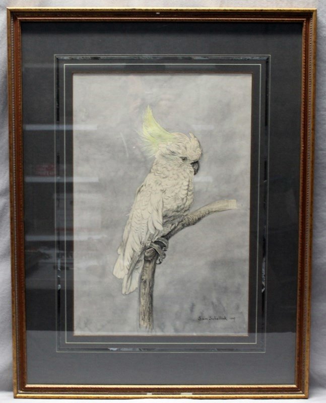 RARE SAMUEL SCHELLINK 1876-1958 COCKATOO WATERCOLOR: Original Samuel Schellink (Dutch 1876-1958) Large Watercolor of a Cockatoo. Signed and dated 1927. Works on paper by this well listed Dutch Artist are very hard to find. Professionally framed and doub