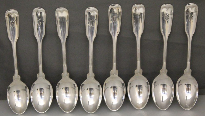 8pc STERLING FIDDLE THREAD DEMITASSE SPOONS: Eight matching American Solid Sterling Demitasse Spoons in the Fiddle Thread pattern by the Frank W. Smith Silver Co. Six are monogrammed with the initial C and two have no monograms. Each spoon measu