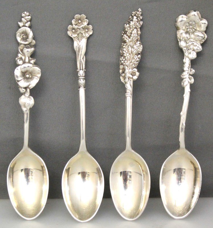 4pc STERLING HARLEQUIN DEMITASSE SPOONS: Set of 4 Vintage Reed & Barton Sterling Silver Demitasse Spoons in the Harlequin aka Floral Pattern. There is Wild Rose, Goldenrod, Hollyhock and Pansy. Each spoon is approximately 4" long and the com