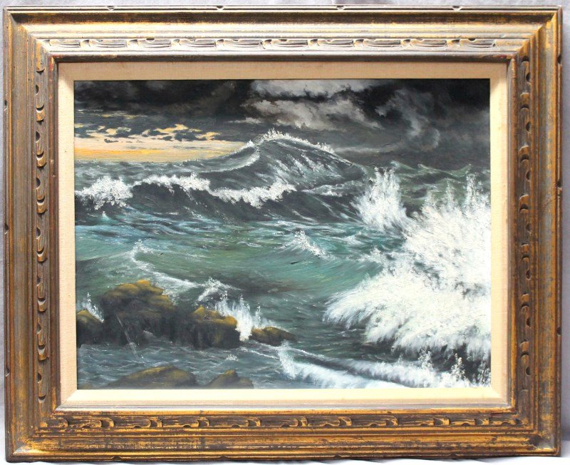 VINTAGE STORM AT SEA PAINTING: Large Vintage Framed Storm at Sea Original Painting. On artists board, no visible signature. In carved wood frame....Provenance: a Hauge-Amsterdam, Netherlands / Charleston SC, Private Estate..In fram