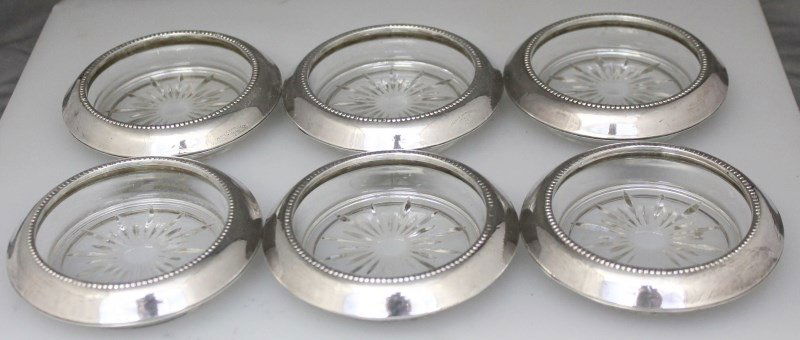 6 pc STERLING CRYSTAL COASTERS - WHITING: Set of 6 Vintage Crystal Coasters With Sterling Rim in 04 (Sterling,Hollowware) by Frank M. Whiting. Each measures 3 7/8x 3 7/8. The Frank M. Whiting Company was founded in 1878 in North Attleboro, Ma