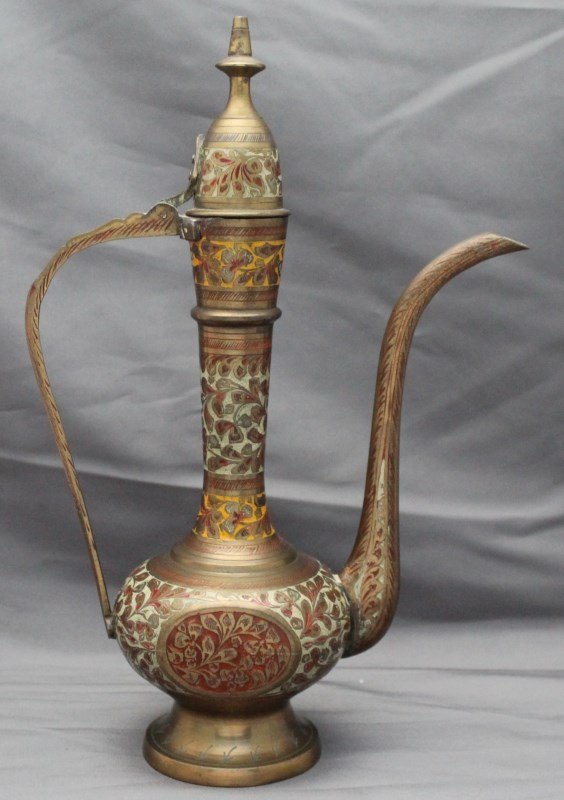 ENAMELED BRASS INDO PERSIAN COFFEE POT: Older Indo Persian Brass Coffee Pot. Enamelled with cream, red and gold detailing. A symbol of hospitality throughout India and the Middle East. PROVENANCE: A Charleston, SC Private Collection. Measur