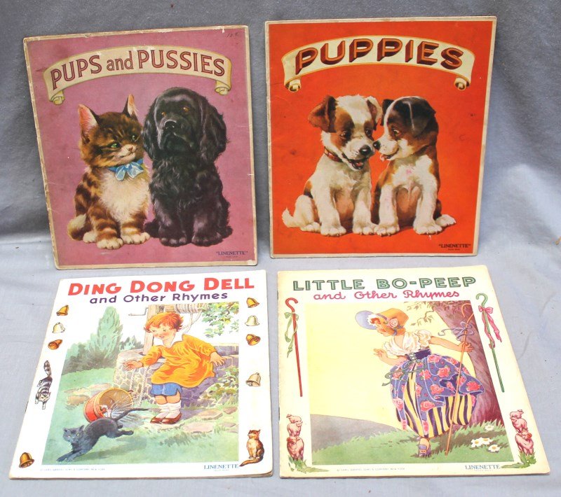 LOT OF 4 1939 LINENETTE BOOKS PUPS & PUSSIES + MORE: Lot of 4 Vintage c. 1939 Linenette Books icluding Pups and Pussies, Puppies, Ding Dong Dell and Little Bo-Peep. Samuel Gabriel Sons & Company was a publisher of children's books. Some of the books pub