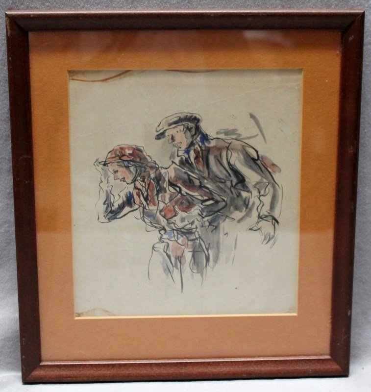 JOHAN BULL ORIGINAL IULLUSTRATION NEW YORKER c.1930: Framed rare original watercolor illustration by Johan Bull for the New Yorker Magazine.Given to his friend and colleague, R. John Holmgren, in the 1930s. PROVENANCE: The Estate of R. John Holmgren. Bo