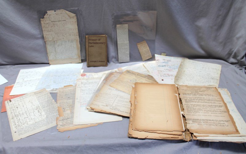 LOT OF ANTIQUE 19th c. LETTERS - LEDGER + FIRST EDITION: A large lot of Antique 19th & early 20th c. Letters and Correspondence, A Ledger, Multiple Notes and more mody related to Robert's Rules and a First Edition Primer of Parliamentary Law Book presented 