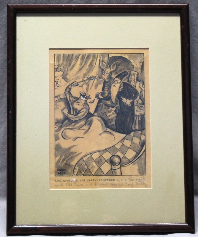 ORIGINAL HARRY HANSEN LEES (1888-1960) ILLUSTRATION: Original Pen and Watercolor illustration by Harry Hanson Lees (1888 - c. 1960).The illustration shows King Ethelred the Nasty Tempered. Signed by the artist and with a hand written caption that reads 