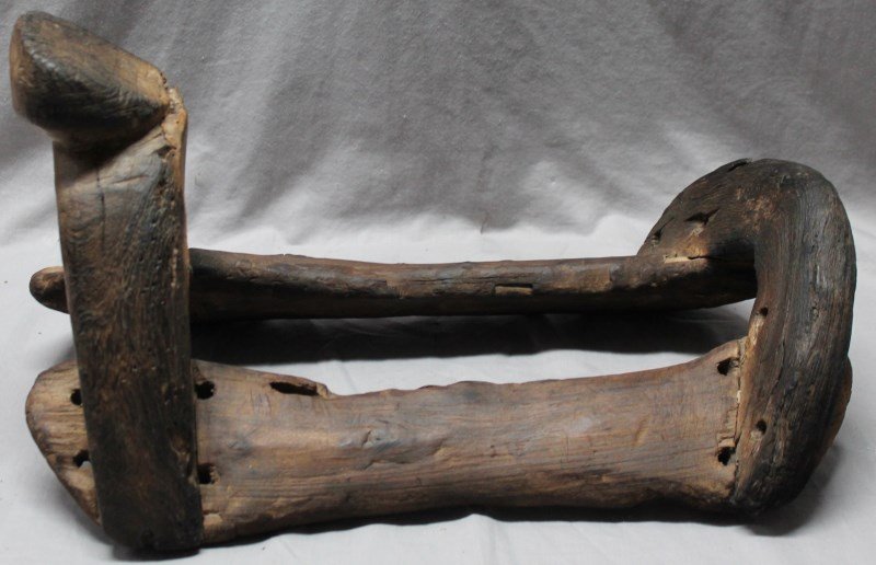 SOUTHWESTERN HAND CARVED WOOD SADDLE TREE: Southwestern early hand carved, wooden saddle frame. Some cracking in wood, great patina. Once secured with rawhide now with nails underneath not original. These saddles were covered in rawhide and of