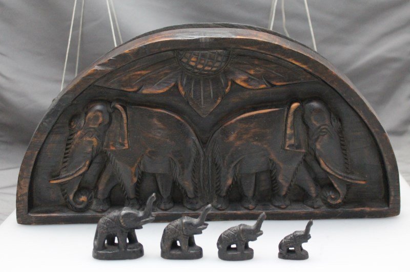 LISU HILL TRIBE TEAK OPIUM SCALE W ELEPHANT WEIGHTS: Carved Older Lisu Hill Tribe Teak Opium Scale with 4 Elephant weights from the Golden Triangle. Deeply carved double elephant case and four nicely detailed elephant weights. These scales were widely u
