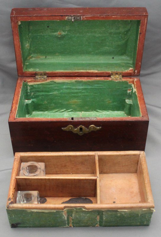 18th c. CHIPPENDALE MAHOGANY LETTER / DOCUMENT BOX: 18th c. Chippendale mahogany Letter / Document Box of casket form. With lift out fitted interior, 2 older glass ink bottotles. Original brass hardware with lock - no key. PROVENANCE: A Charleston Sout