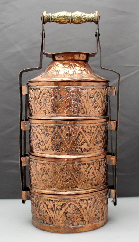 ANTIQUE INDO PERSIAN COPPER BRASS TIFFIN - ORNATE: Very ornate antique hand hammered copper and brass Indo Persian Tiffin. Four stackable compartments, still seals tightly. Late 19th, early 20th century.Stacking lunch pails are known as tiffin carrier