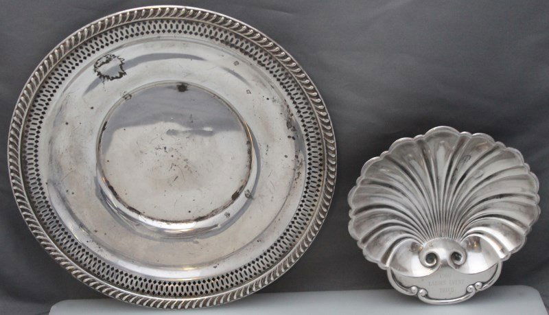2 PC STERLING SILVER SHELL DISH & STERLING BOWL: Lot of 2 Vintage Sterling Shell Footed Dish and Preisner Sterling Shallow Bowl / Plate. The Shell rests on 3 ball feet and was a trophy as it is inscribed 1960 Ladies Event Third, it measures 5.5t x 5