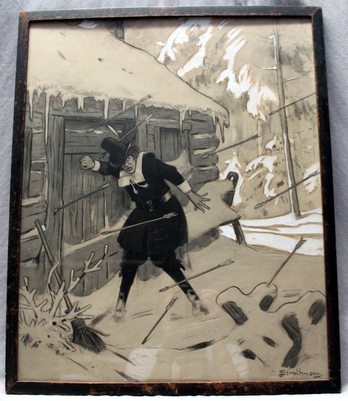 ORIGINAL FREDERICK STROTHMANN (1857-1958) ILLUSTRATION: Original Large Watercolor Illustration by Frederick Strothmann (1879-1958) of a pilgrim. Framed under glass measures 25.50x21. PROVENANCE: The Estate of American Illustrator R. John Holmgren. Frederic