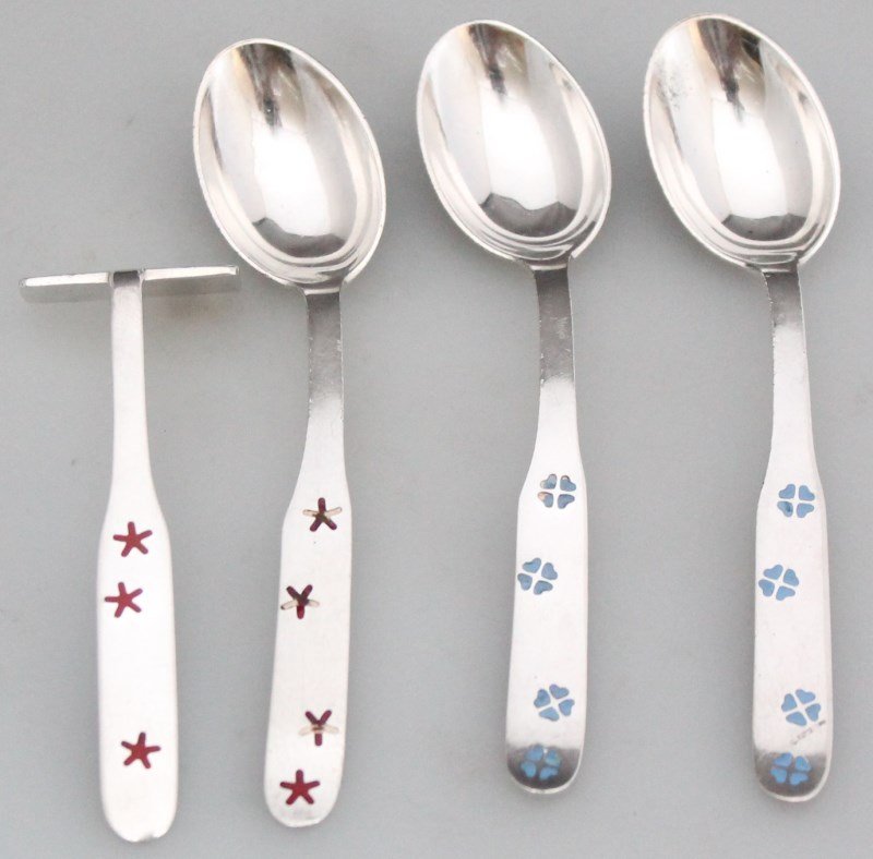 4 PC STERLING ENAMEL A MICHELSON BABY SPOONS + PUSHER: Group of 4 Vintage Danish Modern Mid Century Anton Michelsen Sterling 3 Baby Spoons and 1 Food Pusher. Monogrammed on the back of the spoons. The curved handle is intended to make it easier when baby 