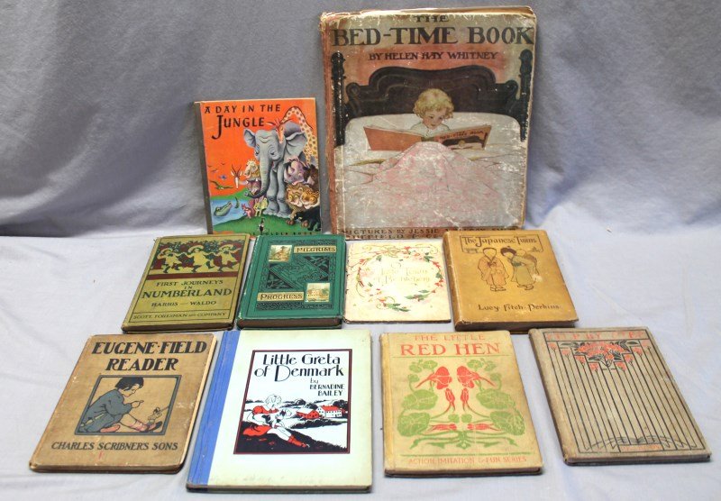 10 ANTIQUE CHILDRENS BOOKS C.1900-1940s: A lot of 10 Antique and Vintage Childrens Books. To include Eugene-Field Reader 1905, O Little Town of Bethlehem from Cupper & Leon, Pilgrams Progess, Little Greta of Denmark 1939, A Day in the Jungle