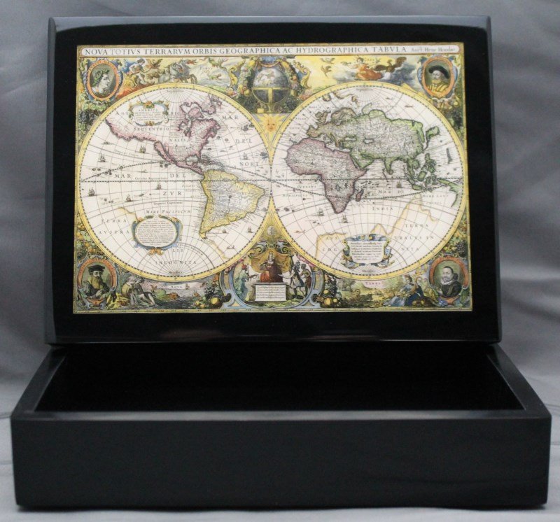 BLACK LACQUERED OLD WORLD MAP BOX: This beautiful lacquered box is inlaid with an intricate etching of an old world map and has a lustrous black lacquered finish.Â The hand crafted box is made in the centuries old tradition of hand 