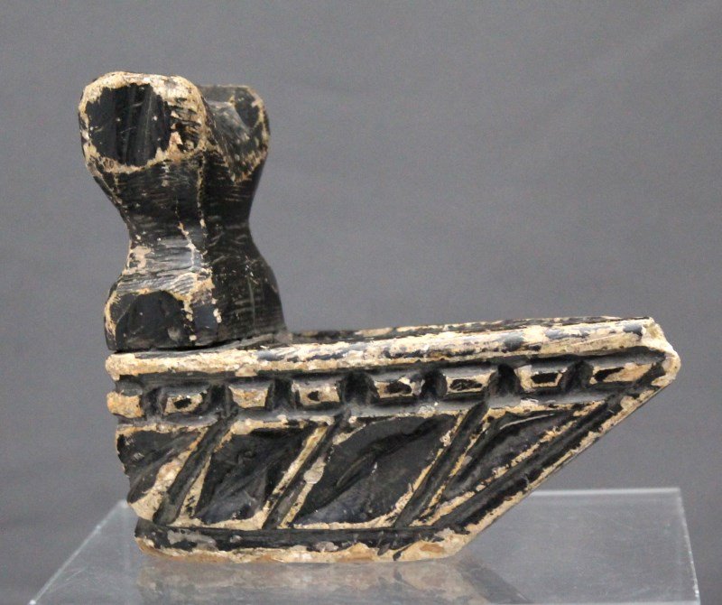 MESO-AMERICAN OIL LAMP: Larger Meso American Hand Carved Stone Oil Lamp. Carved from a soft stone probably soapstone. Chip to spout. Still displays well. PROVENANCE: A Charleston South Carolina Private Collection. Measures 4