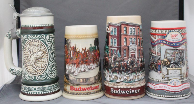 4 BEER STEINS ANHEUSER BUSCH - MORE: Group of 4 Collectible Stoneware Beer Steins. 1 1855-1987 the model t miller high life 7 " tall. 1 Avon 1987 lidded fishing 9" tall.1 budweiser anheuser busch clydesdales 6.75" tall.1 budweiser anheus