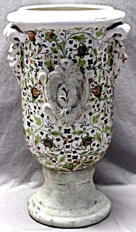 LARGE ITALIAN POTTERY URN: We are pleased to offer this latter 1940's to mid-1950's Italian glazed & hand painted pottery decorative porch urn / umbrella stand. The flow of the ground enamel, especially in the proximity of the 