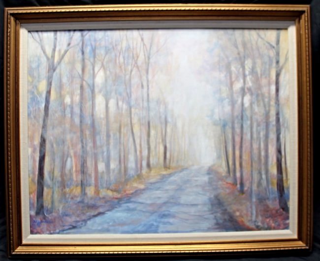 JULIE LONGACRE ORIGINAL OIL WOODED PATH: Original Oil on Canvas by noted well listed Pennsylvania Artist Julie Longacre (b. 1942) American, 20th century. A beautifully done path in the woods painted in the 1980s. It is signed Julia Longacre 