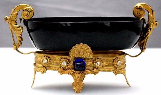 FRENCH BELLE EPOQUE BON BON: French Belle Epoque combination elevated bon-bon server, finished in a deep & rich Black Amethyst hand blown bowl, and held by a fantastic, ornate footed Ormolu base (see history below). This stunning