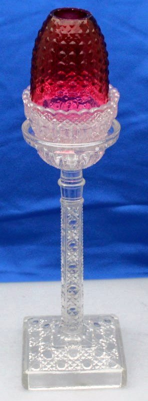 SAMUEL CLARK 1887 RUBY FAIRY LAMP: Original and spectacular Samuel Clark 1887 Trade Name Fairy Pyramid glass Fairy Lamp, including a magnificent deep English Hobnail ruby dome, the properly marked Clarke Fairy Pyramid lamp cup, support