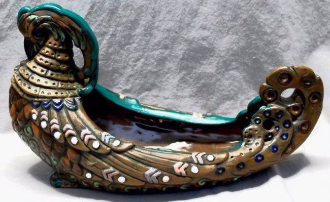 RARE ANTIQUE AMPHORA ROOSTER BOWL: Rare Antique Amphora porcelain display, in the form of GIANT double ended center bowl. This exceptional design comes in both flush & footed base examples, and are found in divergent & singular motifs.