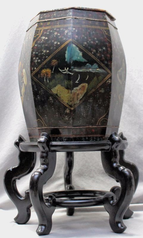 ANTIQUE CHINESE WOODEN LACQUER RICE BARREL: Antique Chinese Wood Rice Barrel decorated with hand painted multi color lacquers on ebony stand. Some age appropriate wear and splits to lid - common in these older ones. Displays quite well. Barrel 