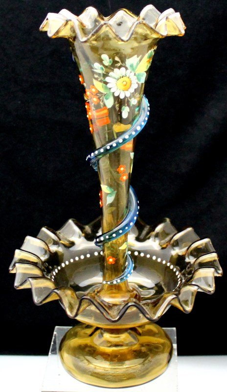 GRAF HARRACH SNAKE EPERGNE: Magnificent ca. 1900-1914 Bohemian hand blown cased glass, two piece epergne, finished in a beautiful hand painted floral, plus the signature prominent 3-dimensional Royal & beaded spiraling snake, wh