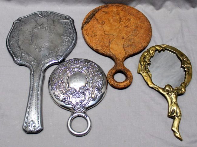 4 pc ANTIQUE MIRRORS STERLING -BRASS - MORE: Antique Gorham Sterling Mirror frame C643, brass art deco jester and moon and large Homan, Mfg Co. of Cincinnati OH with original old silvered mirror. Homan Mfg Company was established in 1847, out of