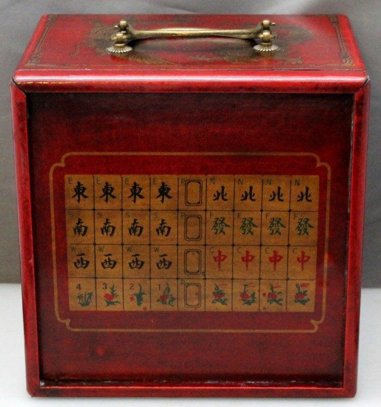 VINTAGE BONE & BAMBOO MAHJONG SET IN CASE: Vintage MahJong Set in Original Case. The tiles are dovetailed bone and bamboo with the graphics still bright. There are also counting sticks and dice included. An original standard rules and instruct