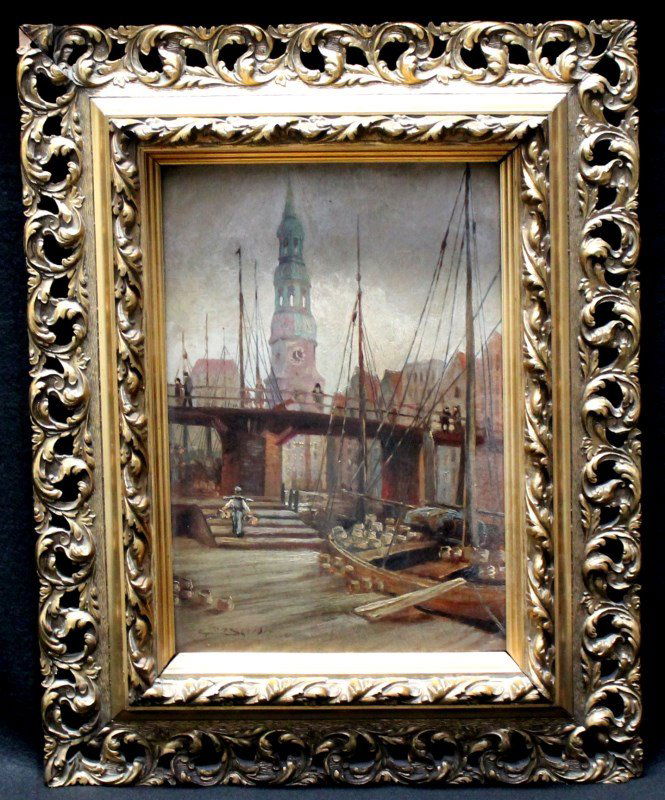 ANTIQUE COPENHAGEN OIL ON BOARD: Late 19th c. Denmark oil on board. A Copenhagen Fishing boat with the spire of St. Petri Church in the distance. In original period ornate carved and pierced gilt wood frame. Signed but signature illi