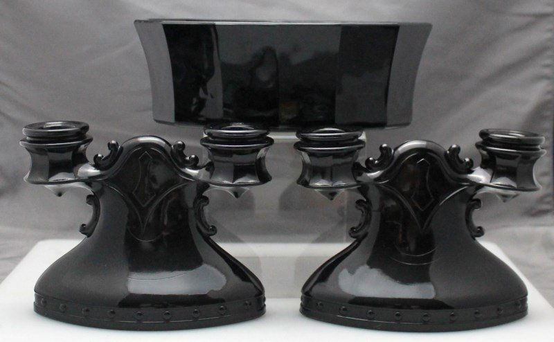 3 pc 1930s BLACK AMETHYST GLASS CANDLES + CONSOLE BOWL (1 of 9)