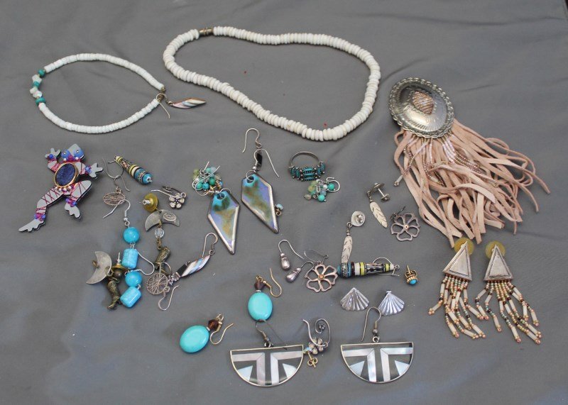 ESTATE LOT JEWELRY SOUTHWESTERN: Lot of Southwestern style Jewelry. A Large Beaded and fringed Buckskin Concho Brooch, 5 1/2 inches long. 1 puka ashell choker and 1 puka shell anklet, brass barrel closures. A signed and dated Liztech