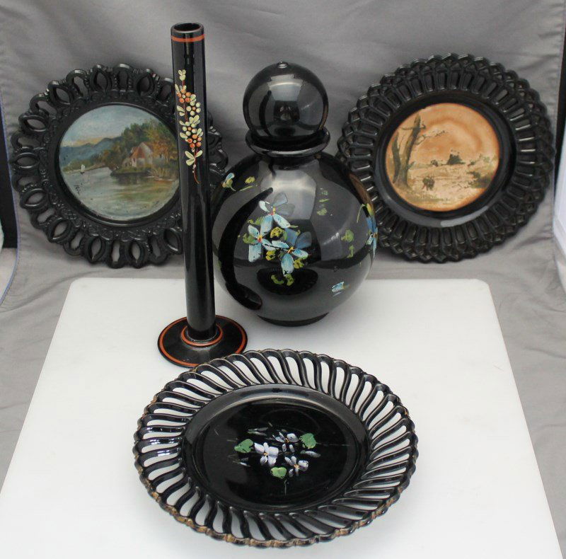 5 pc VICTORIAN BLACK PAINTED GLASS (1 of 10)