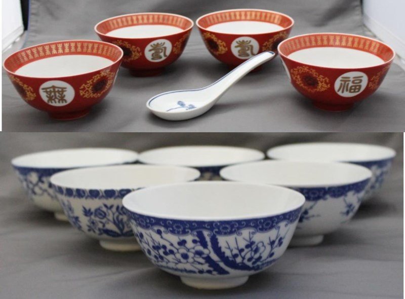 11 pc RICE BOWLS BLUE & WHITE + ASSORT: 11 pc. 10 Rice Bowls and 1 Spoon. Spoon Japan, blue and white. 4 Red and Gold Porcelain, made in Taiwan, Republic of China with gold good luck symbols, 4.50x4.50x2.25. 1 floral blue and white 4.50x4.5