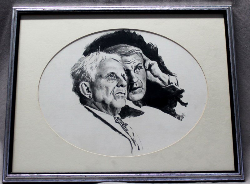 ORIGINAL R. JOHN HOLMGREN (1897- 1963) ILLUSTRATION: Original R. John Holmgren 1930s black and white gouache illustration of two men in conversation, one older. There is a pencil notation on the back that says Douglas Fairbanks? Signed by the artist. In