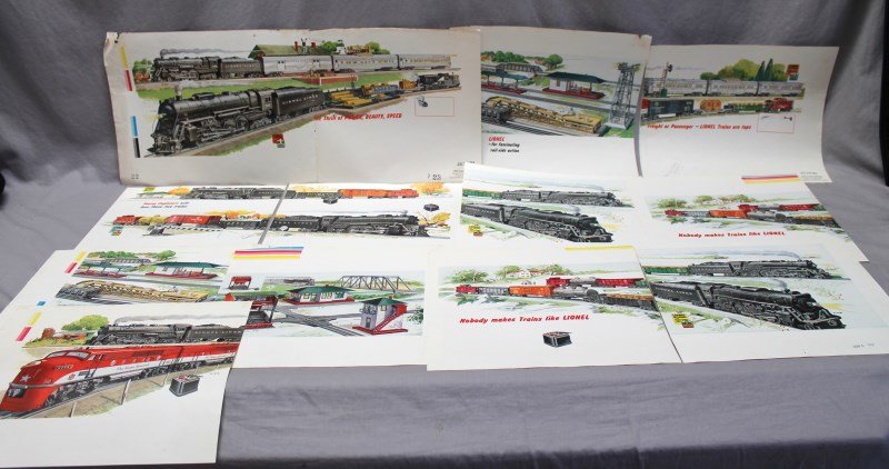 R. JOHN HOLMGREN LIONEL TRAIN ORIGINAL ARTISTS: A group of 12 Original 1954 Artist Tear Sheets of Lionel Train Catalog Double Page Ads by R. John Holmgren. All approx 13x10.50. PROVENANCE: The Estate of R. John Holmgren. A wonderful investment oppo