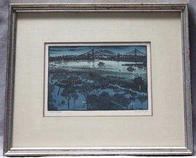 HELLS GATE WOODCUT WOLDEMAR NEUFELD SIGNED: Original Woldemar Neufeld (1909-2002) Woodblock of Hells Gate Bridge, New York, at night. Signed and inscribed in pencil by the artist. Professionally framed and matted. Measures 14x12x3/4 in frame. W