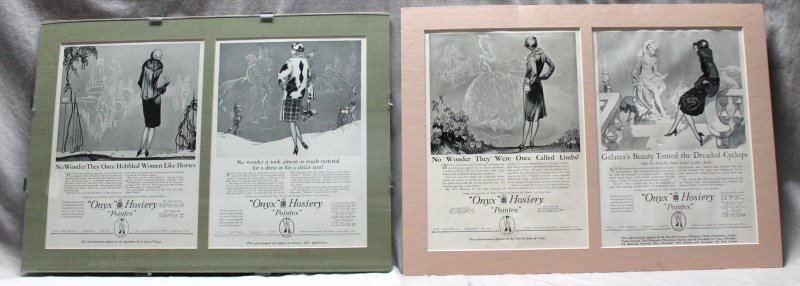 R. JOHN HOLMGREN (1897- 1963) ONYX HOSIERY 4 VOGUE TEAR: Four R. John Holmgren 1926 and 1927 Onyx Hosiery Ads Artist Tear Sheets from Vogue Magazine. Illustrations by R. John Holmgren. All are Matted and one is under Glass from the gallery.21x15x1/2. Weight