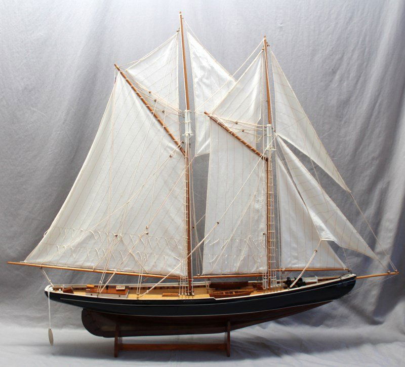 SHIPS MODEL 1921 BLUENOSE SAIL BOAT: Vintage Sail Classic Bluenose Ship Model. Bluenose is the nautical symbol of Canada. Built in 1921 in Lunenburg, Nova Scotia as a fishing schooner, Bluenose held the International Fisherman's Trophy C
