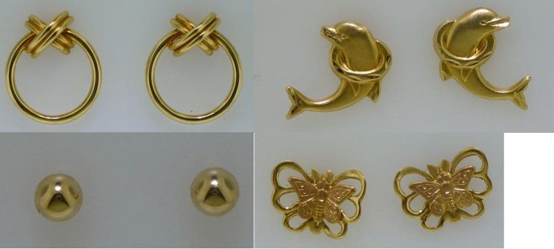 4 PAIRS 14KT GOLD EARRINGS (2.10 GRAMS): This lot contains four pairs of 14kt yellow gold earrings. The earrings include 1@ dolphin which measure 12.90 x 9.20mm; 1@ butterfly which measure 10.00 x 7.60mm; 1@ round balls which measure approx.