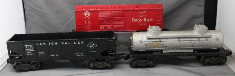3 PC LIONEL 1950s BABY RUTH - SUNOCO - HOPPER: 3 Vintage Lionel Train Items. 1. Although there were many prototype variants of this type of car, for some reason Lionel only issued two types of hopper cars during the post war period. The first, and