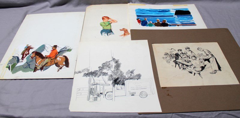 5 R. JOHN HOLMGREN (1897- 1963) ORIGINAL ILLUSTRATIONS: Group of 5 1940-50s R. John Holmgren Illustrations and Sketches. One for Cains Mayonnaise 11.5x10. One gouache of a young boy and his dog, edge cut and has been folded, A backyard cookout done for Rev