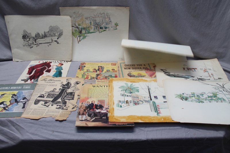 6 R. JOHN HOLMGREN (1897- 1963) ORIGINAL ILLUSTRATION /: Group of 6 1940s R. John Holmgren Illustrations and Sketches. Also some magazine sheets and a cover with ads he drew. The sketches are all architectural in nature. Folder measures 18x15. 2 pd 6 oz. PR