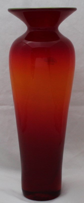 BLENKO TEQUILA SUNRISE VASE SIGNED: Blenko Signed Tequila Sunrise Vase Original Blenko sticker. Pinched and tapered hand blown glass vase has exquisite color, skilled craftsmanship, and a beautiful design. The color is Blenko "Tequila S