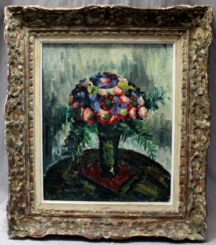MAN COLLOT (1903-1962) OIL STILL LIFE: French Impressionist Oil on Canvas Still Life Bouquet by listed French Artist Madame Man Collot. Wife of very well known french artist and erotic illustrator, Andre Collot, Man Collot exhibited in 194