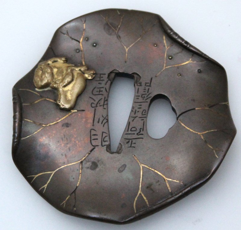 JAPANESE BRONZE COPPER FIGURAL TSUBA SIGNED GILT (1 of 5)